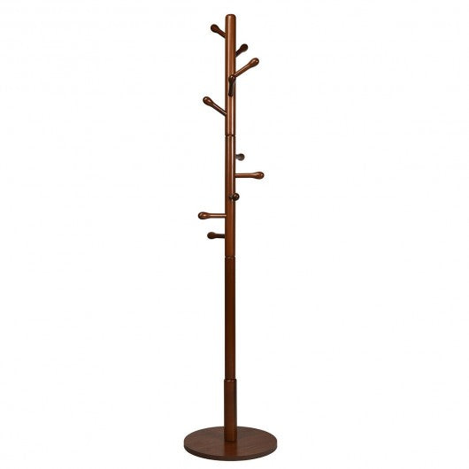 Wooden Coat Rack Stand Entryway Hall Tree 2 Adjustable Height w/ 10 Hooks