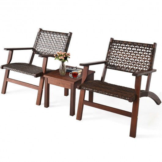 3PCS Outdoor Wooden Patio Rattan Furniture Set