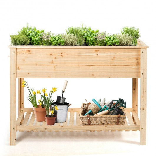 Elevated Wood Planter Box Stand with Storage Shelf