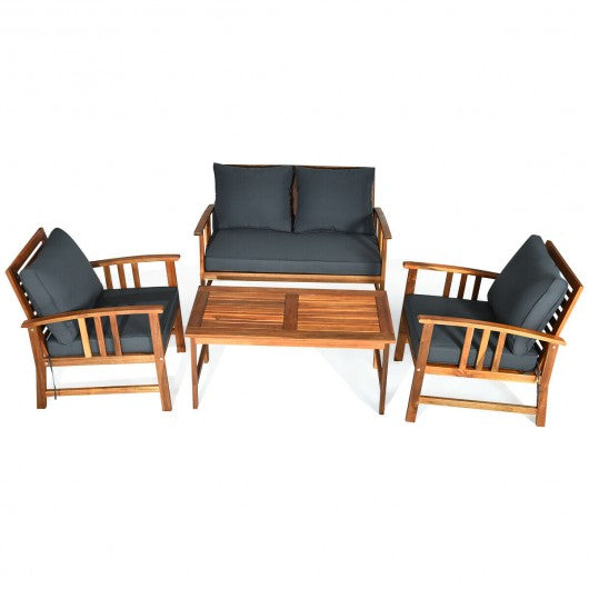 4 pcs Wooden Patio Furniture Set Table Sofa Chair Cushioned Garden