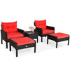 5 pcs Patio Rattan Sofa Ottoman Furniture Set w/ Cushions-Red