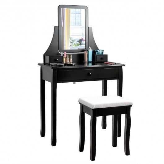 Square Mirrored Vanity Dressing Table Set with 3 Storage Boxes-Black