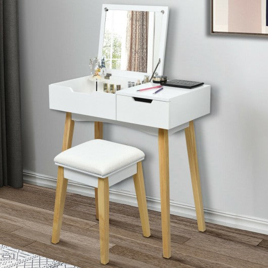 Vanity Makeup Table Cushioned Stool Set with Flip Top Mirror