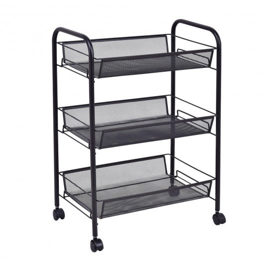 Black/Gray 3 Tier Storage Rack Trolley Cart-Black