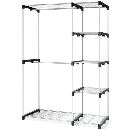 Freestanding Clothes Organizer Rack with Shelves and Hanging Rods