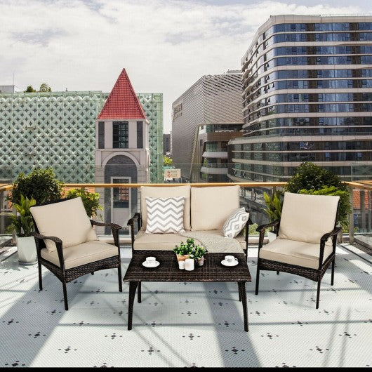 4PCS Patio Rattan Wicker Furniture Set Cushioned Sofa Couch