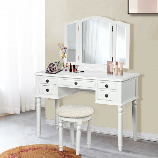 Tri-Fold Mirror Table Stool Wooden Vanity Make Up Dressing Set