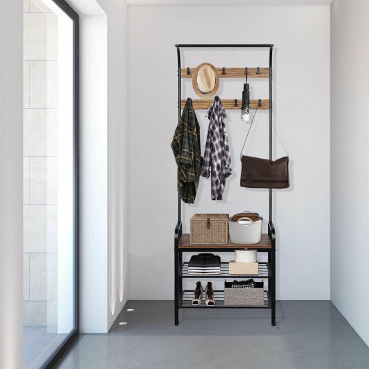 Industrial Coat Shoe Bench Entryway Shelf with 9 Hooks