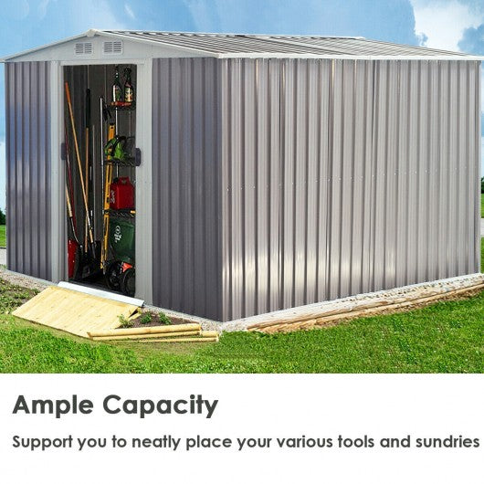 8x8 ft Outdoor Garden Galvanized Steel Storage Shed with Sliding Door-Gray