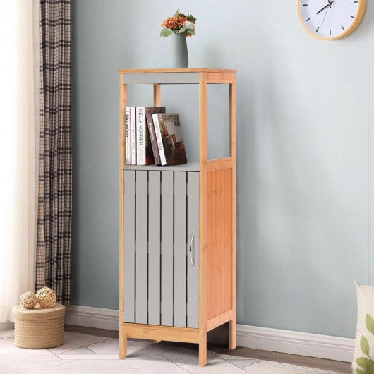 Bathroom Floor Cabinet Freestanding Single Door Bamboo 3-Tier Storage