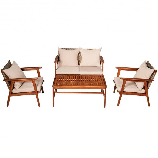 4PCS  Acacia Wood Patio Rattan Furniture Set