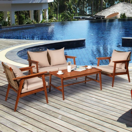 4PCS  Acacia Wood Patio Rattan Furniture Set