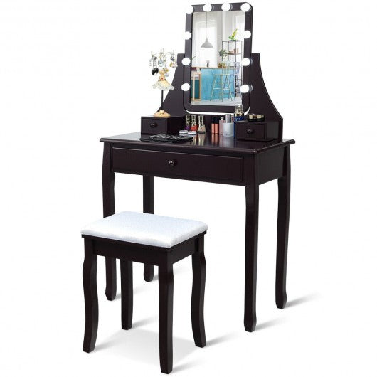 10 LED Lighted Mirror and 3 Drawers Vanity Table Set