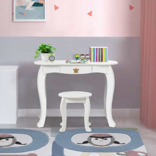 Kids Makeup Dressing Table with Tri-folding Mirror & Stool