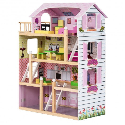 Wood Dollhouse Cottage with Furniture Playset for Kids