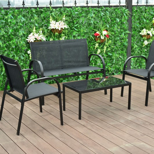 4 pcs Patio Furniture Set with Glass Top Coffee Table-Black