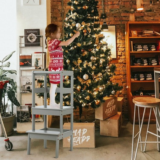 Wooden Kids Kitchen Learning Toddler Tower w/ Safety Rail-Gray