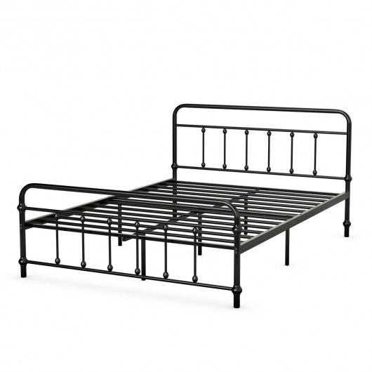 Full Size Metal Bed Frame with Steel Slats Headboard-Black