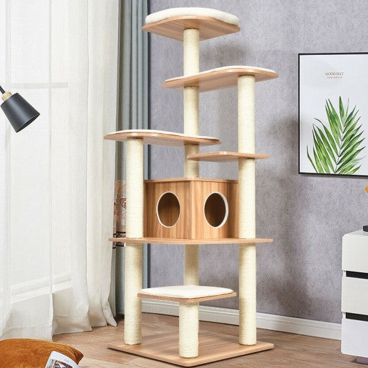 Wood Multi-Layer Platform Cat Tree with Scratch Resistant Rope