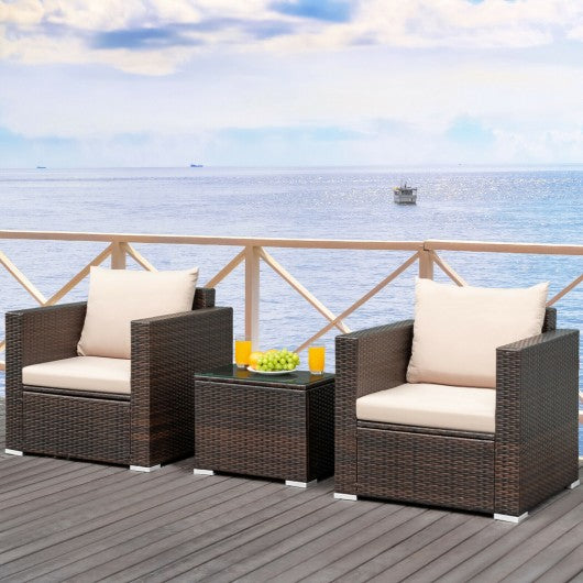 3Pcs Patio Conversation Rattan Furniture Set w/Cushion