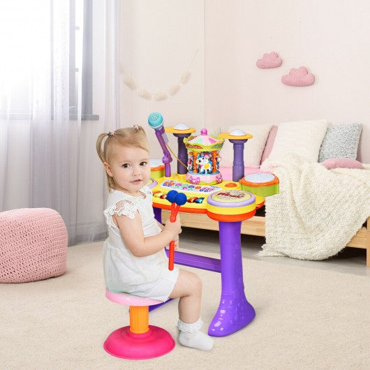 3-in-1 Kid Piano Keyboard Drum Set with Carousel Music Box