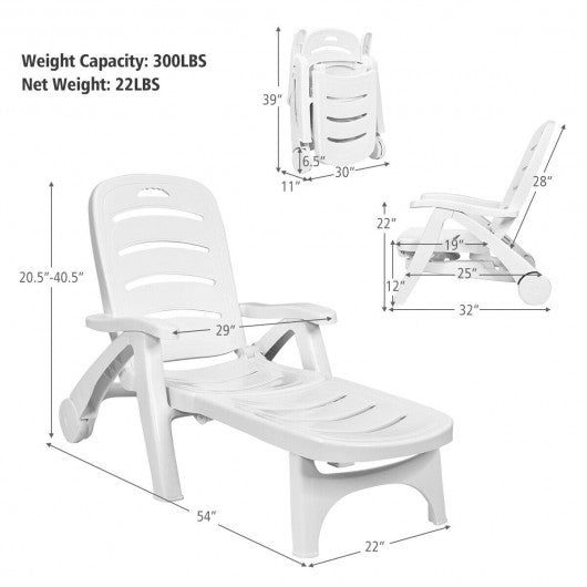 5-Position Adjustable Folding Chaise Rolling  Lounge Chair