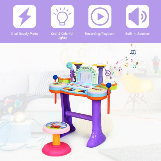 3 in 1 Kids Piano Keyboard Drum Set with Music Fountain
