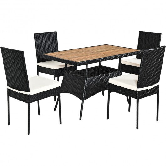 5 PCS Patio Rattan Dining Set Table with Wooden Top