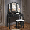 Tri Folding Mirror Vanity Table Stool Set with 4 Drawers-Black