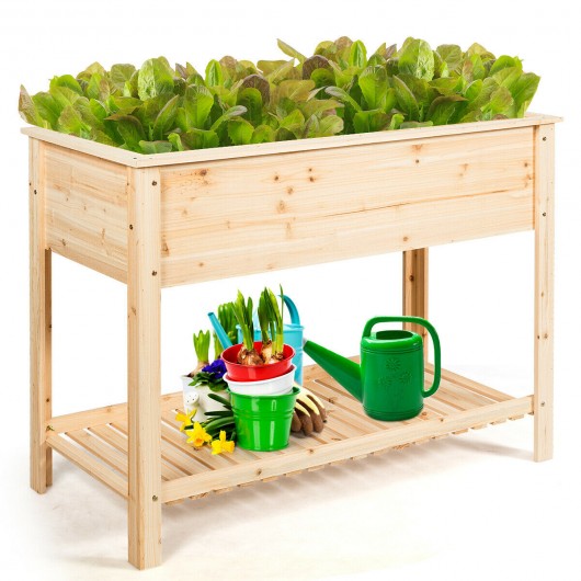 Elevated Wood Planter Box Stand with Storage Shelf