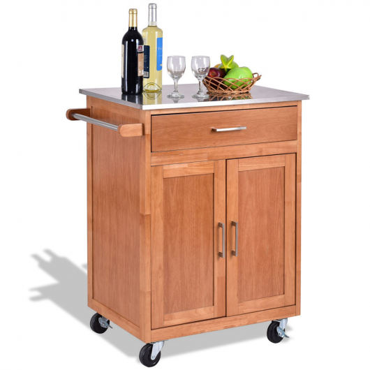 Wooden Kitchen Rolling Storage Cabinet with Stainless Steel Top