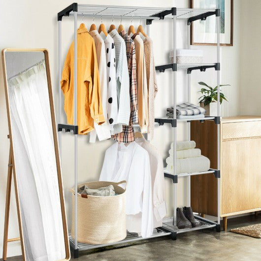 Freestanding Clothes Organizer Rack with Shelves and Hanging Rods