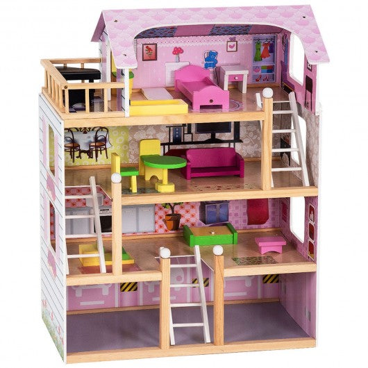 Wood Dollhouse Cottage with Furniture Playset for Kids