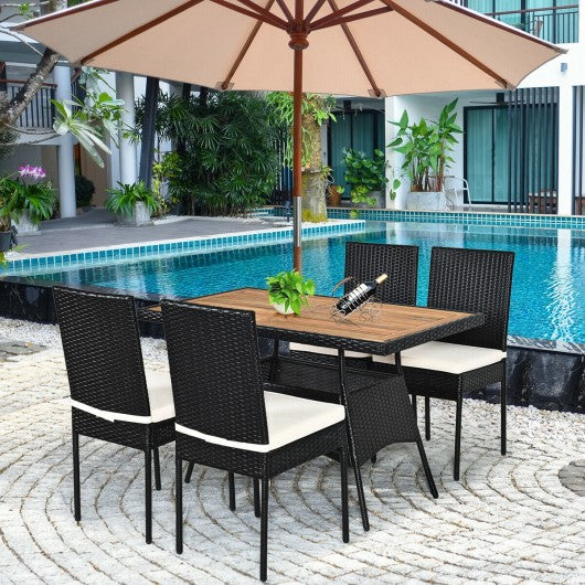 5 PCS Patio Rattan Dining Set Table with Wooden Top