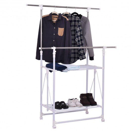 Folding Adjustable Rolling Clothes Rack Hanger with 2 Shelves