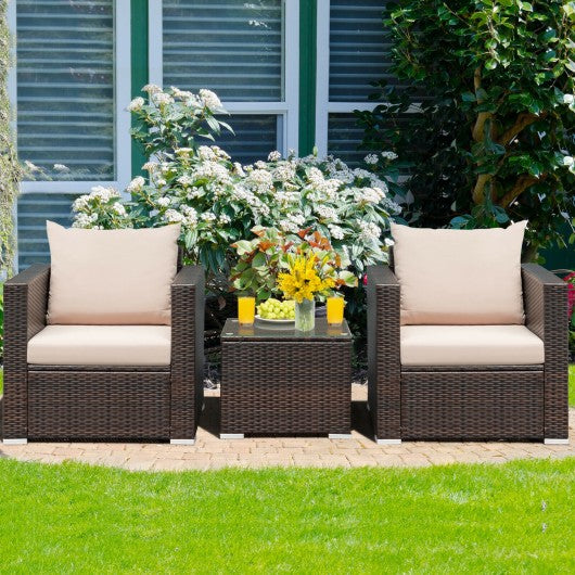 3Pcs Patio Conversation Rattan Furniture Set w/Cushion