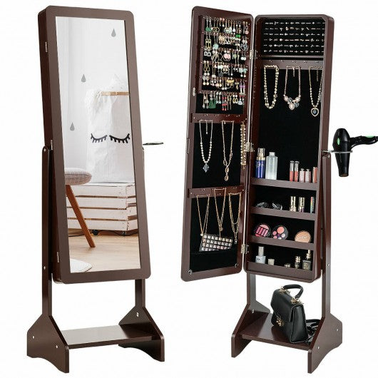 Standing Jewelry Cabinet with Full-length Mirror-Coffee