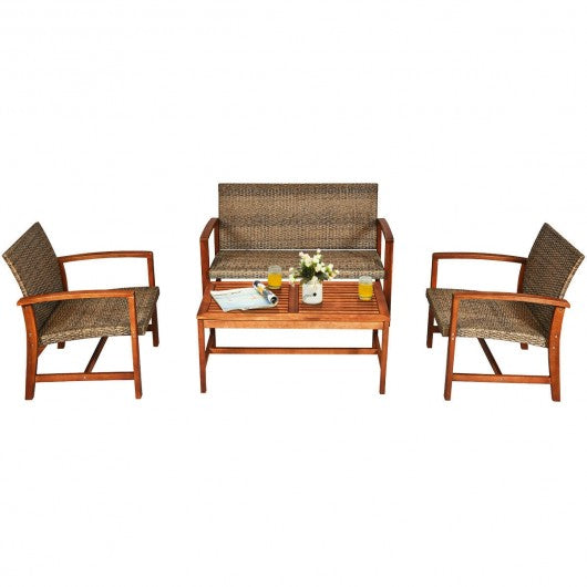 4PCS Acacia Wood Outdoor Patio Rattan Furniture Set