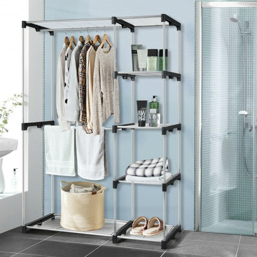 Freestanding Clothes Organizer Rack with Shelves and Hanging Rods