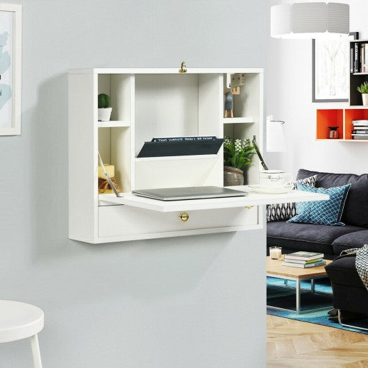 Wall Mounted Folding Laptop Desk Hideaway Storage with Drawer