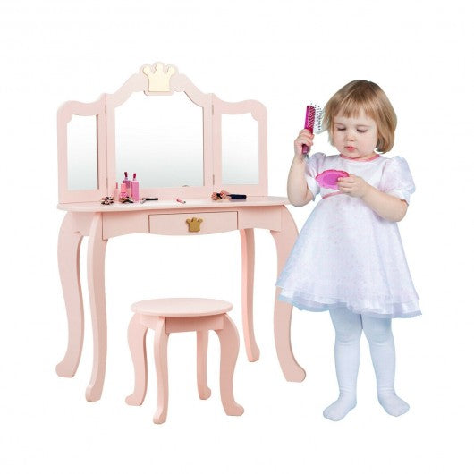 Kids Makeup Dressing Table with Tri-folding Mirror & Stool