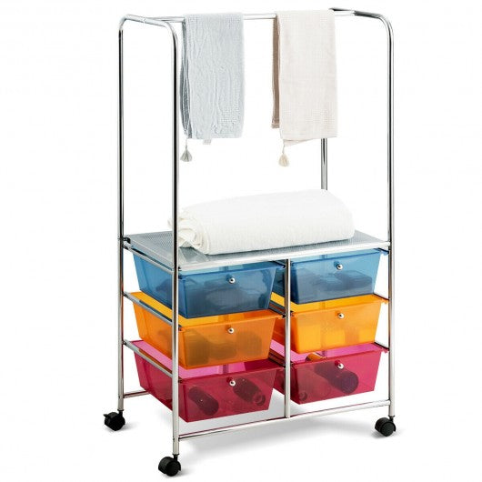 6 Drawer Rolling Storage Cart with Hanging Bar