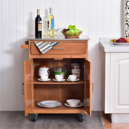 Wooden Kitchen Rolling Storage Cabinet with Stainless Steel Top