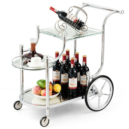 Kitchen Glass Shelves Metal Frame Serving Rolling Cart