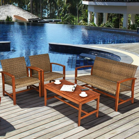 4PCS Acacia Wood Outdoor Patio Rattan Furniture Set