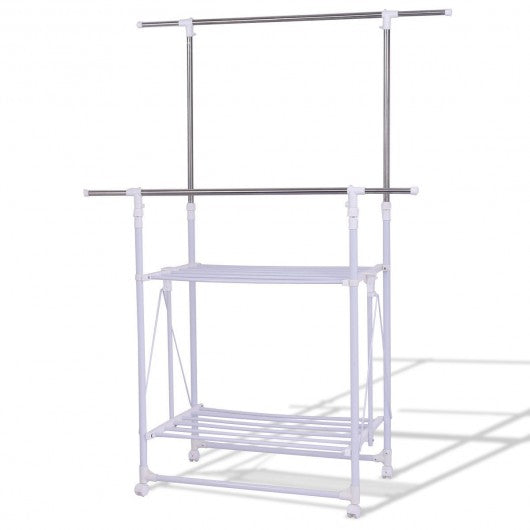 Folding Adjustable Rolling Clothes Rack Hanger with 2 Shelves