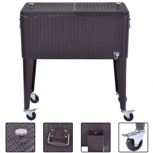 80QT Outdoor Party Portable Rattan Rolling Cooler Cart