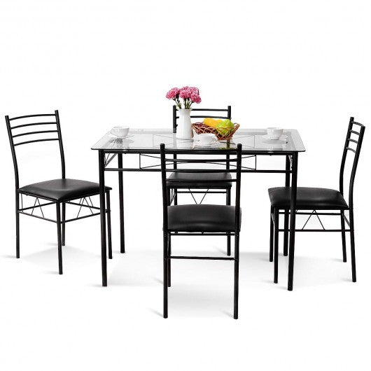 5 Pieces Dining Set Tempered Glass Top Table & 4 Upholstered Chairs