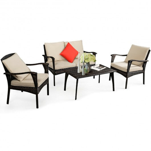 4PCS Patio Rattan Wicker Furniture Set Cushioned Sofa Couch