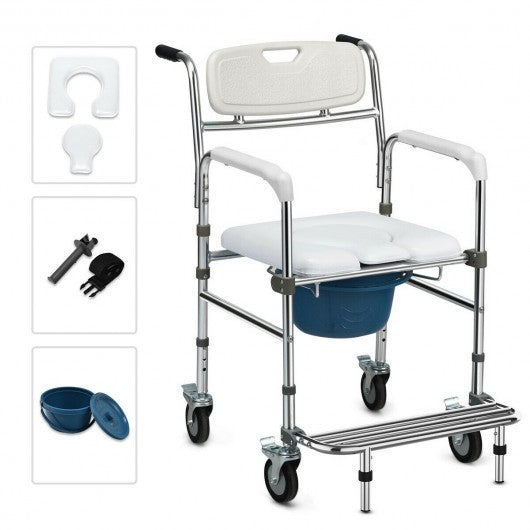 Aluminum Medical Transport Commode Wheelchair Shower Chair -White